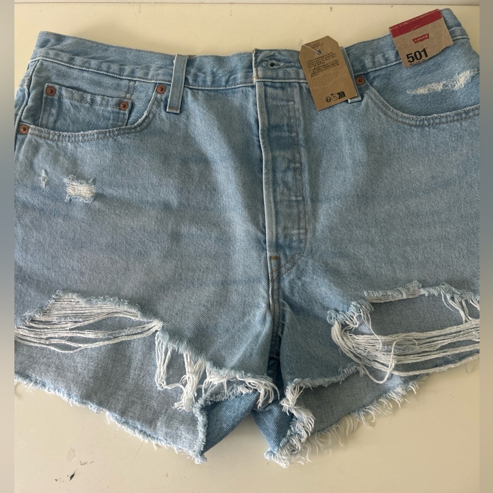 Levi's Light Blue Distressed Denim Cutoff Shorts - Women Size 34 - Picture 3 of 16